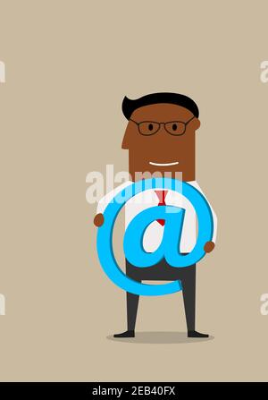 Concept moderne de technologie de communication et de télécommunication avec homme d'affaires souriant de dessin animé dans des verres avec le symbole e-mail bleu brillant dans les mains Illustration de Vecteur