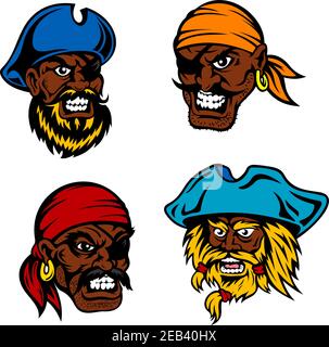 Pirates marins, capitaines et marins à la peau sombre et en colère avec des barbes, moustaches, patchs oculaires, bandanas et chapeaux luxuriants. Puérile b Illustration de Vecteur