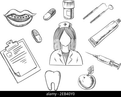 Icônes de dessin dentaire avec une infirmière entourée de pomme, de carnet, de comprimés, de bouche avec des bretelles, de dent, d'instruments et de dentifrice. Médecine, dentisterie et Illustration de Vecteur