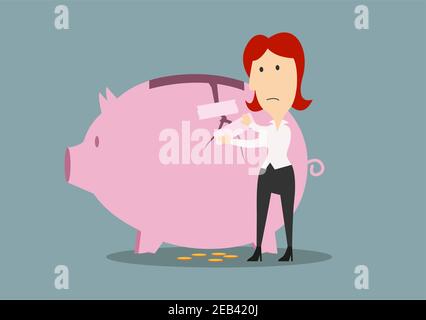 Concept d'économie d'argent et de sécurité financière. Femme d'affaires frustrée de tête rouge fixant la fissure sur le côté de la banque de porc avec du ruban de réparation ou du plâtre Illustration de Vecteur