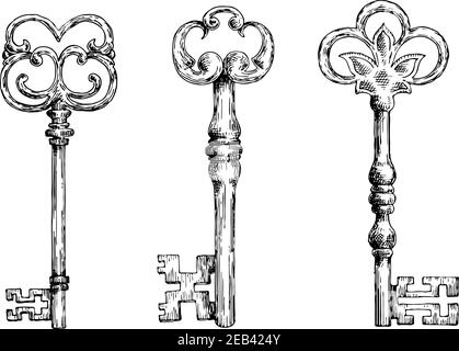 Clés forgées médiévales isolées avec noeuds, décorées par des éléments de nénuphars victoriens et ornées par des fleurissants. Objets de style d'esquisse Illustration de Vecteur