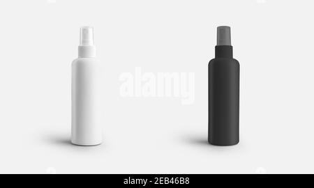 Maquette d'un pot blanc, noir avec un couvercle pour parfum, antiseptique, bouteille aérosol pour la présentation du design, modèle. Modèle de conteneur d'atomiseur i Banque D'Images