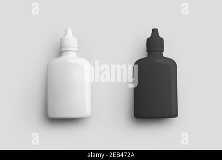 Modèle de flacon en plastique blanc noir avec bouchon à vis, récipient pour gouttes, liquides, pour la présentation de la conception. Conteneur Mockup avec pipette isolée Banque D'Images