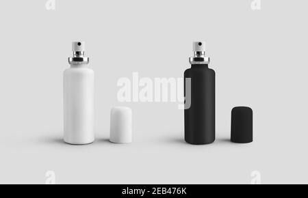 Maquette d'un vaporisateur blanc noir, pour liquide, parfum, antiseptique, flacon en plastique mat pour la présentation de conception, la publicité. Ouvrir le bac templa Banque D'Images