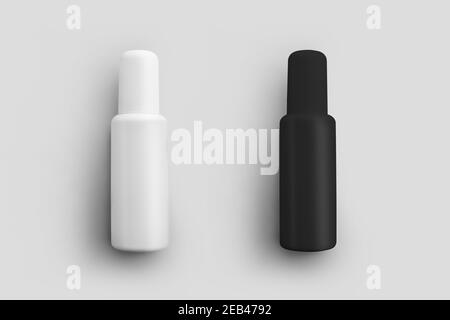 Modèle de bouteille en plastique blanc, noir avec atomiseur, emballage pour cosmétiques, spray, pot pour la présentation du design. Flacon cylindrique Mockup isola Banque D'Images