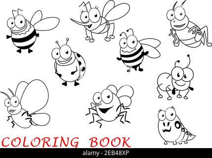 Insectes cartoon isolés sur fond blanc avec coccinelle, moustique et sauterelle, papillon et fourmis, mouche et abeille, araignée et chenille Illustration de Vecteur