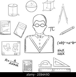 La profession de mathématicien esquissait des icônes avec un professeur dans des verres, des formules, une calculatrice, des règles, des boussoles, un crayon, des manuels scolaires, des dessins et des figues géométriques Illustration de Vecteur