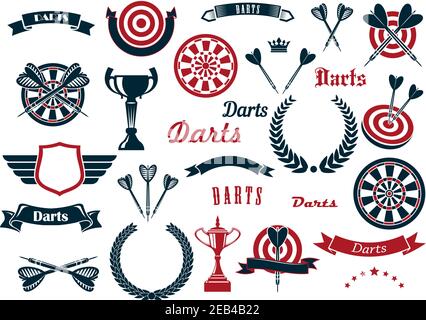 Fléchettes sport jeux éléments et articles de conception avec fléchettes, flèche, coupe trophée, couronne de Laurier héraldique, bouclier et ruban banderoles, étoiles, couronnes. Illustration de Vecteur