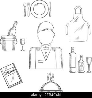 Icônes de métier de serveur avec homme de serveur en uniforme, noeud papillon entouré par livre de menu, tablier, plateau avec bouteilles et verre, champagne dans seau à glace, assiette Illustration de Vecteur