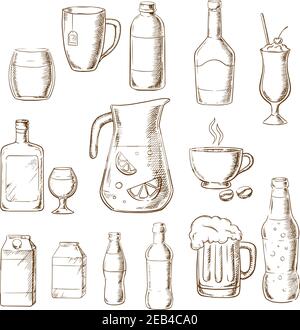 Boissons variées et boissons icônes, y compris jus de fruits, bière, soda, bière, alcool, champagne et milkshake, liqueur et lait, café, liqueur. Sketc Illustration de Vecteur