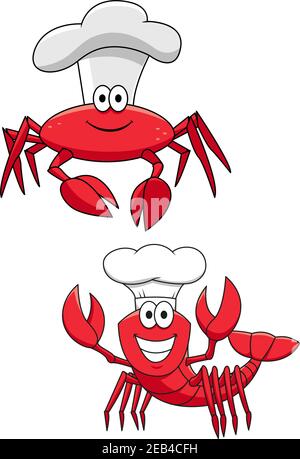 Caricaturades personnages amusants de chefs de crustacés avec crabe rouge et crevettes dans des chapeaux de cuisinier. En plus des livres pour enfants, de la mascotte, des fruits de mer ou du menu du restaurant Illustration de Vecteur