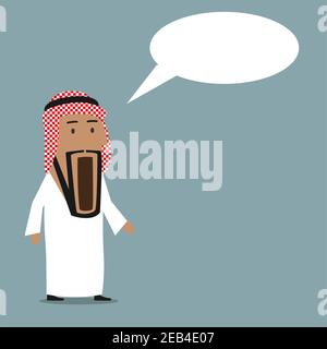 Caricature choquée et surprise homme d'affaires arabe debout avec une large bouche ouverte et une bulle de discours au-dessus de la tête. Expression d'émotion, wow, omg ou surprise co Illustration de Vecteur