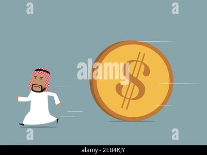 Crise financière, dette ou faillite concept. Un homme d'affaires arabe caricature qui se détourne d'une énorme pièce de monnaie en dollars Illustration de Vecteur