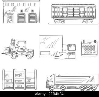 Icônes de service de livraison et de stockage de style esquisse avec bâtiment d'entrepôt, wagon de fret, camion de cargaison, chariot élévateur à fourche, rack de stockage, calendrier et han Illustration de Vecteur