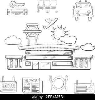 Conception d'un croquis d'aéroport et de vol avec icônes d'aéroport, de taxi, de ticket, d'attente, de bagages, de bureau de change et de service. Objets vectoriels esquissés Illustration de Vecteur