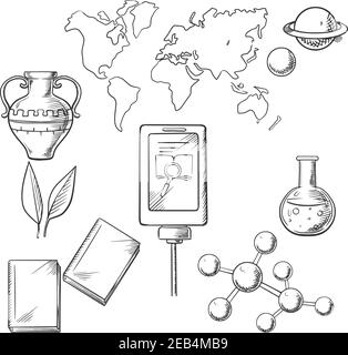 L'éducation et la science esquisent des icônes avec des livres et des plantes, des tablettes et des amphores, des flacons ou des tubes, une carte de la terre et la structure des molécules Illustration de Vecteur