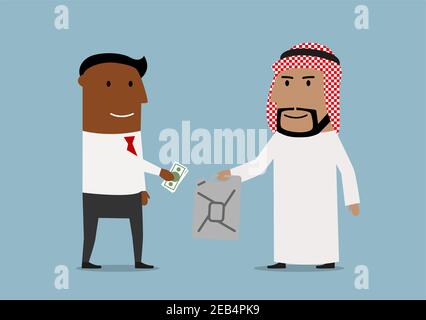 Marché mondial des ressources pétrolières, transaction de vente, thème commercial international. Un homme d'affaires arabe souriant vend du jerrican pétrolier à l'ameri africaine Illustration de Vecteur