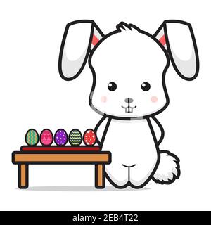 Joli lapin vendant des œufs colorés dessin animé illustration d'icône vectorielle. Vecteur isolé de concept d'icône du jour de Pâques. Style dessin animé plat Banque D'Images