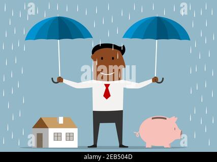 Concept d'économie d'argent et d'investissement. Sympathique homme d'affaires afro-américain souriant debout sous la pluie avec des parasols ouverts et protégeant la maison an Illustration de Vecteur