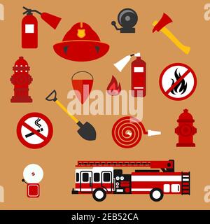 Arrière-plan de sécurité et de protection contre les incendies avec icônes plates de camion d'incendie, extincteurs, tuyau, flamme d'incendie, poteaux incendie, casque de protection, alarmes d'incendie, hache, s Illustration de Vecteur