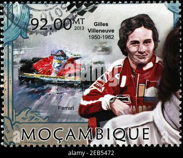 Gilles Villeneuve et la Ferrari sur timbre-poste Banque D'Images