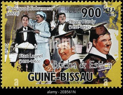 Laurel et Hardy sur le timbre de la Guinée-Bissau Banque D'Images