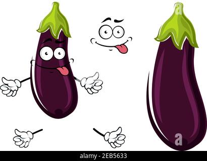 Happy Funky mûr violet cartoon aubergine ou aubergine qui colle de sa langue avec une deuxième variante sans visage ni bras. L'illustration vectorielle est Illustration de Vecteur