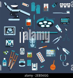 Dentisterie, chirurgie, médicaments de contrôle médical icônes avec pilules, seringue, chaise de dentiste et instruments de table chirurgicale, rayons X, tubes de sang et sac ecg Illustration de Vecteur