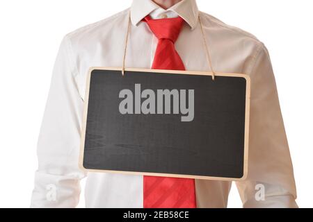 Homme avec une chemise et une cravate avec une bannière vide accrochée au cou. Composition horizontale. Banque D'Images