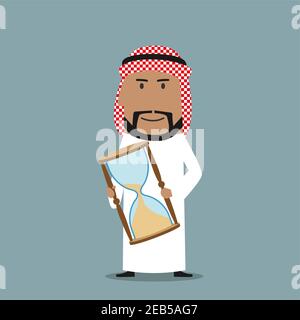 Le temps est à court, la gestion du temps ou le concept d'affaires d'échéance. Un homme d'affaires arabe souriant montrant un sablier à la fin de la période Illustration de Vecteur