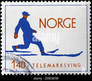 Telemark, technique norvégienne traditionnelle de ski, sur timbre-poste Banque D'Images