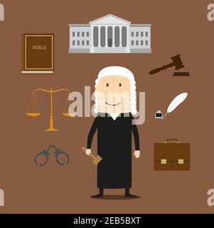 Jugez les icônes de la profession avec le juge homme dans le manteau et la perruque, encerclé par le livre de droit, le gavel, la photo de prisonnier, le bâtiment de cour, les balances, le papier de défilement et le briefc Illustration de Vecteur