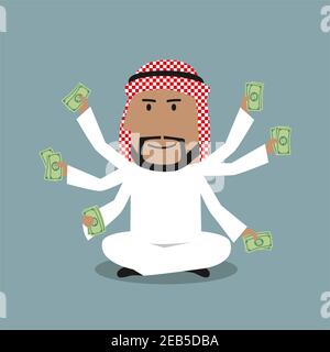 Riche homme d'affaires arabe de dessin animé avec beaucoup de mains assis dans lotus poser et tenant des billets de dollars dans chaque main. Richesse, succès, richesse et multita Illustration de Vecteur