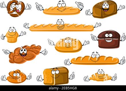 Happy caricature produits frais de boulangerie et de pâtisserie avec baguette et croissant français, pains longs, pain de wheaten, pain de seigle et de grain entier, cupcake, cannelle Illustration de Vecteur