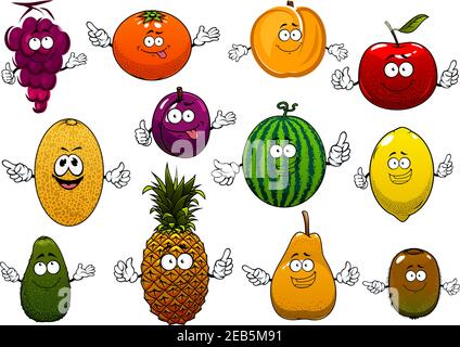 Bonne bande dessinée d'été pomme, orange, raisin, ananas, pêche, citron, kiwi, pastèque avocat poire, prune, melon fruits. Des personnages de fruits amusants pour lui Illustration de Vecteur