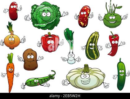 Happy légumes personnages de dessins animés avec pommes de terre fraîches, carottes, piment rouge et poivrons, oignon, concombre, pois verts, chou, courgettes, haricots bruns Illustration de Vecteur