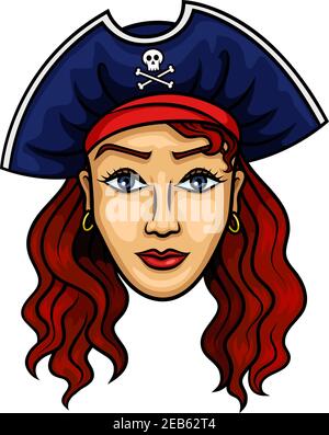 Pirate femme personnage de dessin animé avec jeune femme à tête rouge avec de longs cheveux bouclés dans un chapeau de pirate avec Jolly roger. Idéal pour les livres pour enfants, l'aventure marine Illustration de Vecteur