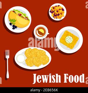 Menu juif végétarien traditionnel avec crêpes aux pommes de terre, crème aigre, cocotte de nouilles kugel, sandwich au falafel rempli de légumes et d'ol Illustration de Vecteur