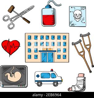 Icônes d'hôpital et de médecine avec un bâtiment d'hôpital entouré d'une ambulance, de rayons X, d'instruments chirurgicaux, d'un électrocardiographe, d'une transfusion sanguine, d'un crâne, c Illustration de Vecteur