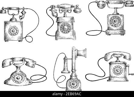 Téléphones rétro croquis avec chandelier vintage et téléphone à cadran rotatif. Objets de technologie de communication obsolètes Illustration de Vecteur