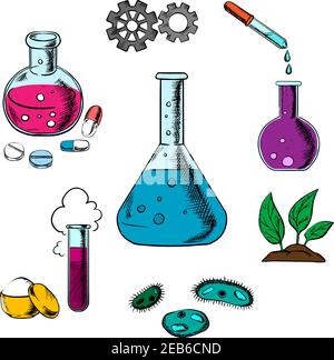 Science expérience de conception avec un nuage de vapeur, des roues dentées au-dessus d'un ballon conique et des tubes avec verrerie supplémentaire pour l'industrie pharmaceutique, chimique, b Illustration de Vecteur