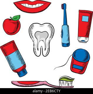 Hygiène dentaire objets médicaux avec section transversale de dents saines entouré brosse à dents, sourire torturé, pomme, dentifrice et soie dentaire Illustration de Vecteur