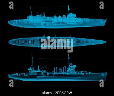navire de guerre dans la vue supérieure et latérale des rayons x. rendu 3d Banque D'Images
