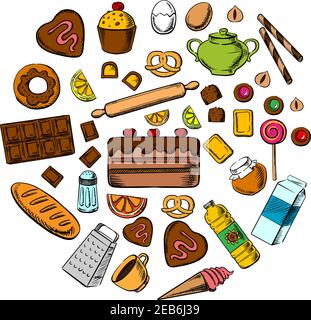 Icônes de pâtisserie, de dessert et de confiserie avec divers pains, gâteaux, cupcakes, ingrédients de boulangerie et ustensile de cuisine Illustration de Vecteur