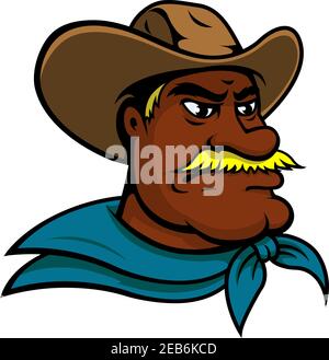 Ancien personnage de dessin animé américain en colère, tête de cow-boy moustaché portant un chapeau texan traditionnel et un mouchoir bleu. Aventure occidentale et wi Illustration de Vecteur