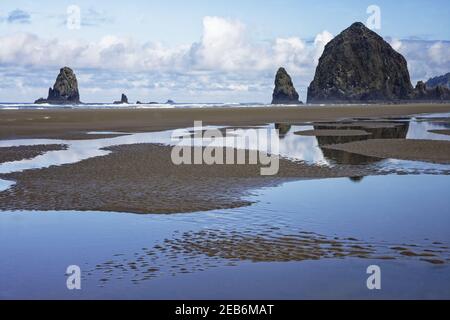 Haystack Rock à bas tideCannon Beach Oregon, États-Unis LA000944 Banque D'Images