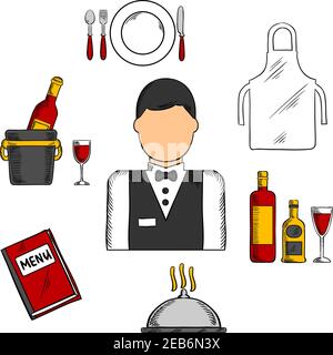 Icônes de métier de garçon avec homme en uniforme, noeud papillon entouré par livre de menu, tablier, plateau avec bouteilles et verre, champagne dans seau à glace, assiette avec f Illustration de Vecteur