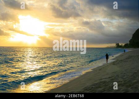 Promenade paisible sur la plage au coucher du soleil après la tempête tropicale lorsque le soleil brille rayons qui ouvrent le ciel sombre nuageux, femme marchant sur la côte spectaculaire de l'océan Banque D'Images