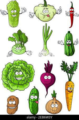 Happy Healthy caricature légumes frais avec chou, carotte, oignon, piment, pomme de terre, concombre, betterave, courgettes, oignon vert, chou chinois, koh Illustration de Vecteur