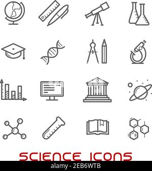 Science et éducation icônes de ligne mince avec collège et livre, lunettes de laboratoire et ordinateur, microscope et globe, chapeau de graduation et crayon, boussole Illustration de Vecteur